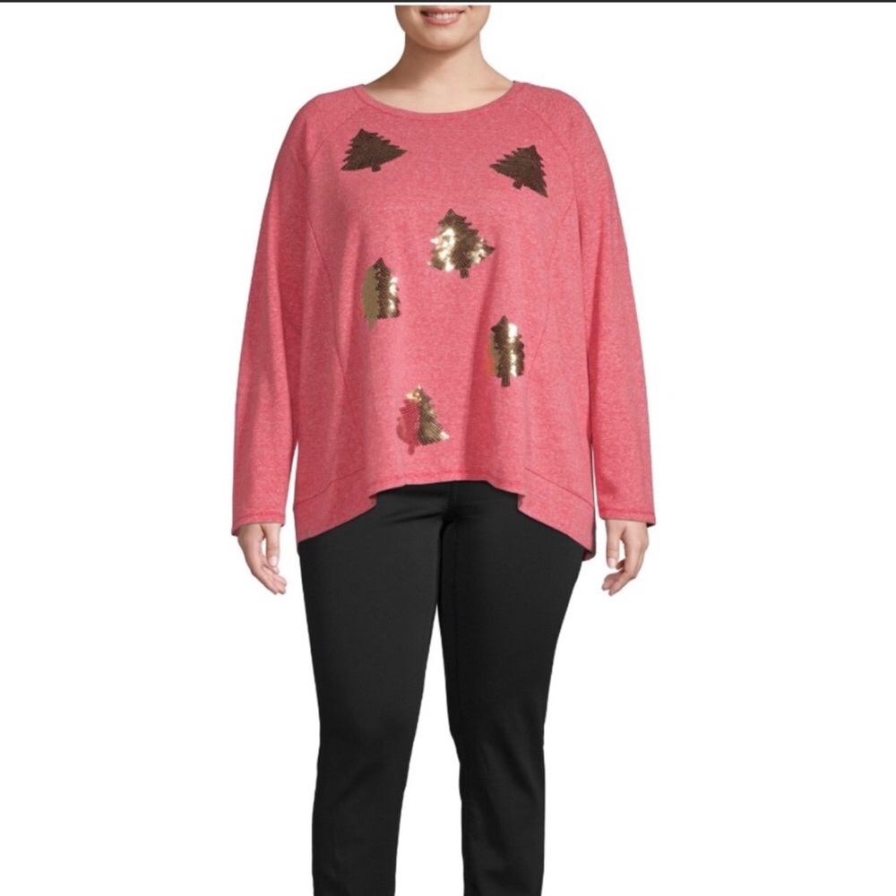 Womens Plus Size Light Red Gold Sequin Trees Long Sleeve Holiday Sweatshirt New